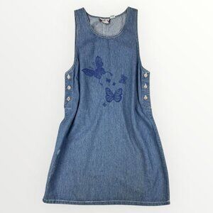 Vintage Beth & Me Womens Denim Jumper Dress Butterfly Cottagecore Sleeveless Y2K